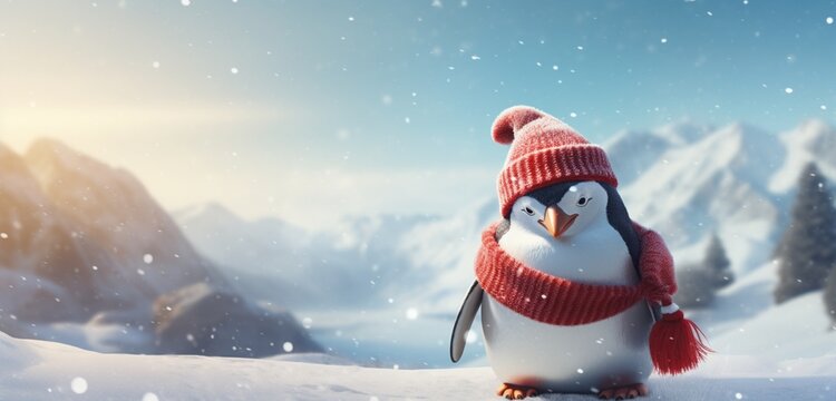 A whimsical depiction of a penguin with an amusingly large hat, joyfully scooting through a snowy landscape, dressed in a cozy winter coat