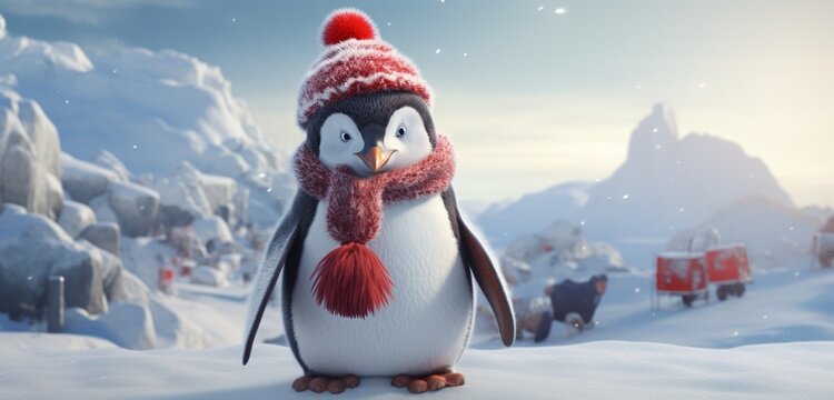 A whimsical penguin, in a fluffy winter coat and a vibrant red stocking cap