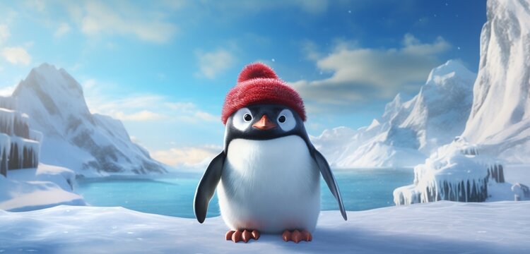 A whimsical penguin, in a fluffy winter coat and a vibrant red stocking cap,