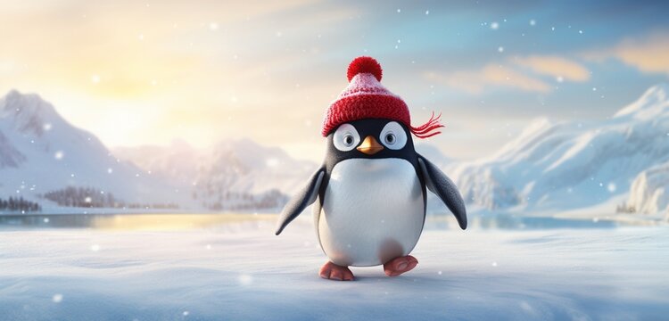 A whimsical penguin, in a fluffy winter coat and a vibrant red stocking cap,