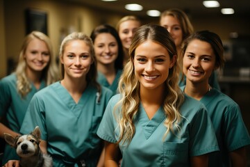 A smiling veterinary team poses with a canine companion in a clinic hallway