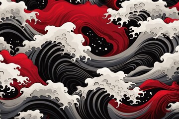 Japanese wave pattern art red, black and white colors. 