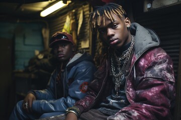 Obraz premium Young stylish african american teenagers sitting in a garage
