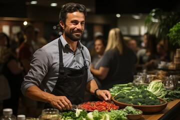 A smiling chef prepares fresh vegetables at a bustling event