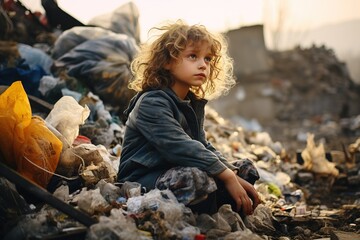 Little scruffy homeless child sitting among garbage at a garbage dump