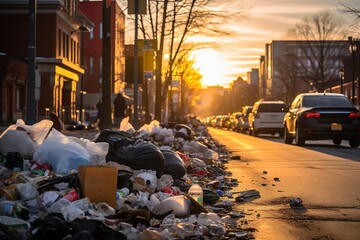 view of a city street littered with various piles of garbage - obrazy, fototapety, plakaty