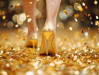 close up of womans feet in golden glitter pumps walking on gold confetti