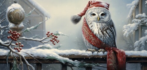 A wise owl, in a majestic winter coat and an enchanting red stocking cap,