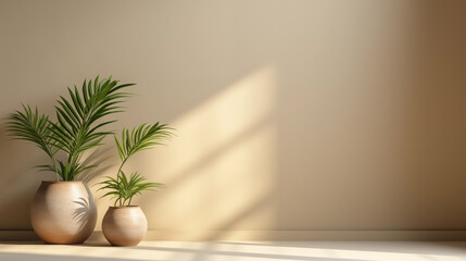 Beige wall with shadows in empty room. Geometric shadow on light brown wall. Minimal interior background with houseplant palm