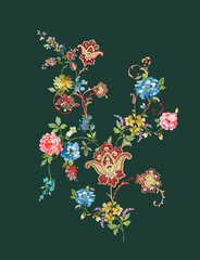 Set of beautiful isolated ethnic flowers and leaves illustration. Floral Paisley decorative motif