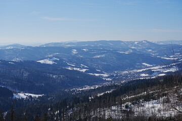 Panorama of Silesian Beskid mountains range near European Bialy Krzyz in Poland