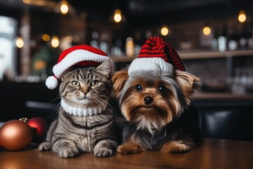 Yorkshire terrier and cat in winter knitted hats at a table in a bar. Advent calendar, postcard