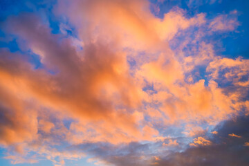 Naklejka na ściany i meble Sky with clouds during sunset. Clouds and blue sky. A high resolution photograph. Panoramic photo for design and background.