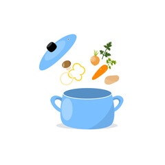 Vector illustration of cooking soup, blue pot with vegetables, mushrooms, carrots, potatoes, bell pepper, parsley isolated on white background.