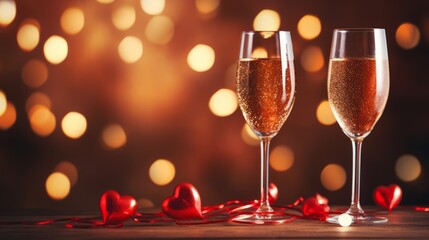 Two flute glasses with sparkling champagne and small red hearts against the festive background with bokeh effect. Concept of Valentine's Day, 14th February, love, romance date. Mockup, copy space.