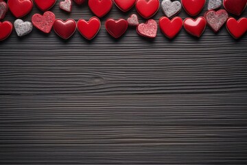 Fototapeta premium Valentines day concept with red hearts on wooden background banner abstract Copy space