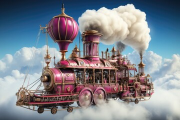 A magical old steam locomotive flies in the sky. Train, carriage, retro style, cartoon