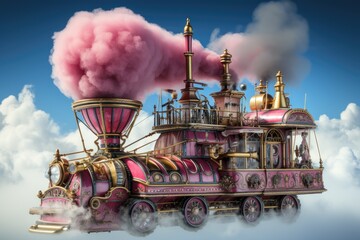 A magical old steam locomotive flies in the sky. Train, carriage, retro style, cartoon