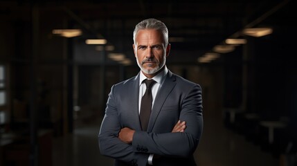 Fototapeta premium serious middle-aged man with folded arms and a deadpan expression, exuding confidence. Perfect for business and executive-themed designs with ample copy space.