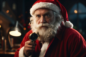 Whimsical illustration of Santa Claus adopting a detective persona, donning a detective magnifying glass in a playful manner. Santa is on a quest, adding a humorous and festive touch to the holiday se