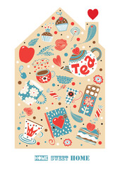 Winter tea party. Home sweet home. Scandinavian hygge poster with warm, cozy winter elements. Gifts and plants, knitted sweater, hat, scarf, socks.