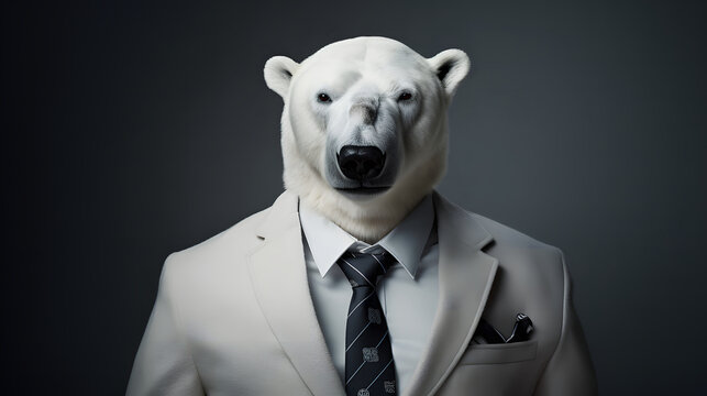 Polar bear in a suit and tie on a gray background. Polar bear like a human in suit. Portrait of a strong Polar bear in a suit on a dark background	