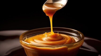 drip of caramel in a spoon on a white background - obrazy, fototapety, plakaty