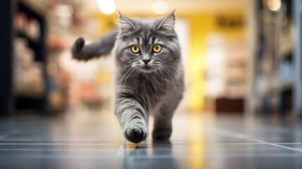 Frontal shot of a beautiful Maine Coon Cat with fluffy coat and yellow eyes walking towards camera.