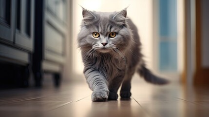 Frontal shot of a beautiful Maine Coon Cat with fluffy coat and yellow eyes.
