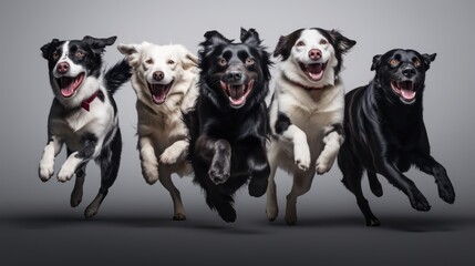 Group of diverse dog breeds expressing happiness and playfully running towards the camera. Cute studio shot pet poster banner.