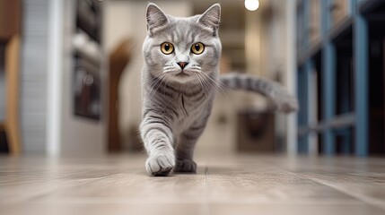 Adorable friendly British Shorthair Cat with yellow eyes in frontal pose.