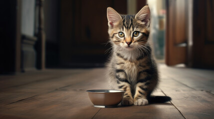 Hungry cute little domestic kitten waiting beside an empty food bowl for its owner to serve a meal.