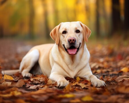 Beautiful white Labrador dog breed relaxing in falling leaves during autumn wonderland.
