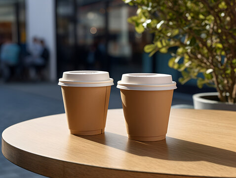 two coffee cups on a table of a cafe background with copy