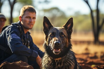 A steadfast German Shepherd and officer in soft-focus amidst the outback