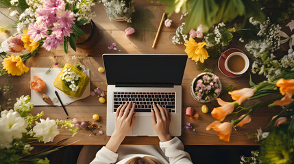 Top view of female florist working with laptop while sitting at table in flower shop - obrazy, fototapety, plakaty
