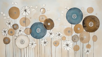 Bohemian minimalistic flowers illustration, mixed media, circles in the background, pastel colors. Floral art