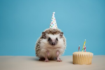 Fototapeta na wymiar A jubilant hedgehog donning a birthday hat, immersed in the celebration. Copy space on solid background.