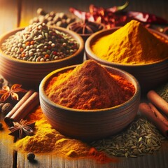Close-Up of Spice Bowls with Turmeric, Cumin, and Paprika