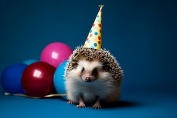 Fototapeta na wymiar A jubilant hedgehog donning a birthday hat, immersed in the celebration. Copy space.