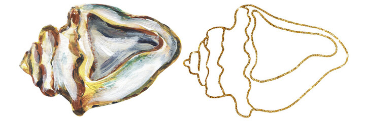 Acrylic hand painted sea shells  illustration, golden graphic liner shell clipart, ocean life clip art