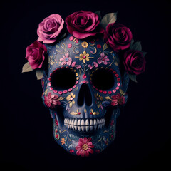 Photo of a Day of the Dead Floral Skull - Festive Design Inspiration on solid dark background. ai generative