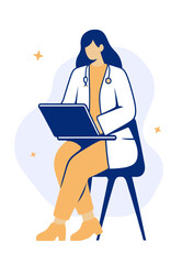 Fototapeta na wymiar Female doctor sitting with laptop on chair, flat vector illustration.