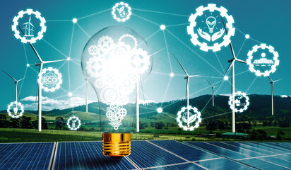 Green energy innovation light bulb with future industry of power generation icon graphic interface....