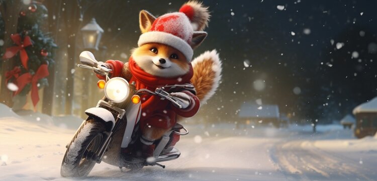An endearing winter illustration of a scooter-riding fox, its hat playful winter coat and stocking cap.