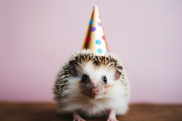 Fototapeta na wymiar A jubilant hedgehog donning a birthday hat, immersed in the celebration. Copy space.