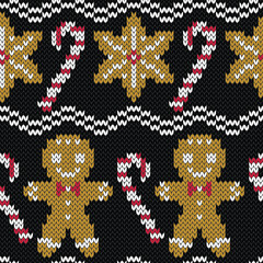 Materiał do szycia Gingerbread man and caramel candy cane knitted seamless pattern. Winter background for wear knitting design.  Trendy 8 bit game style. Vector illustration