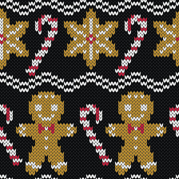 Gingerbread man and caramel candy cane knitted seamless pattern. Winter background for wear knitting design.  Trendy 8 bit game style. Vector illustration