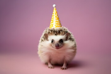 Fototapeta na wymiar An exuberant hedgehog with a birthday hat, partaking in the lively celebration. Copy space on solid background.