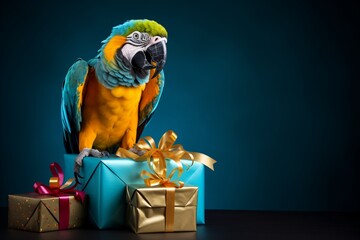 An exuberant parrot perched on a birthday gift, joining the celebration. Copy space.